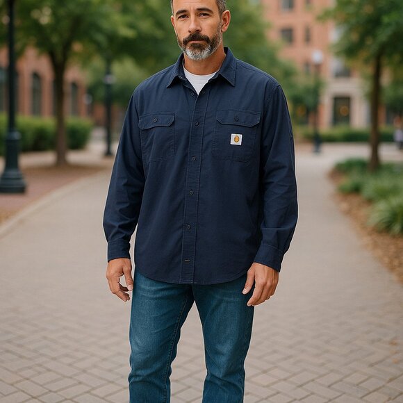 Carhartt Force Men's Long Sleeved Vented Shirt Size 4XL Navy Blue Pockets Work - Picture 1 of 6
